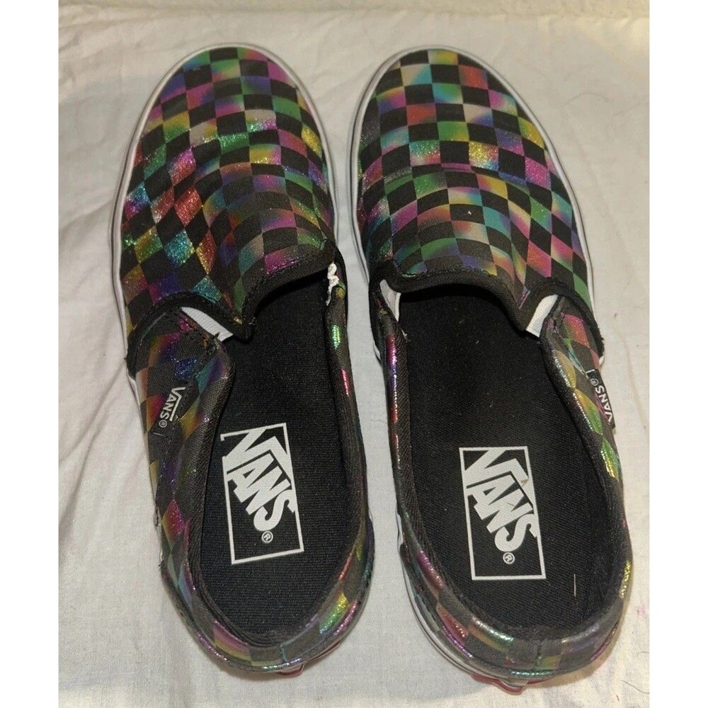 Vans Iridescent Checkerboard Slip On Metallic Rainbow Skate Shoes Womens 8.5